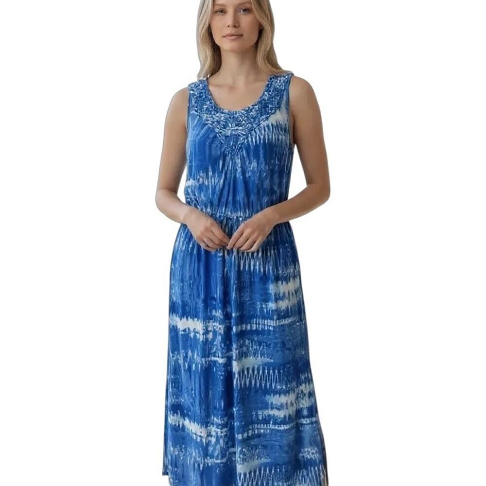 Faded Glory Womens Tie Dye Maxi Dress S Blue & White Drawstring Waist Sleeveless